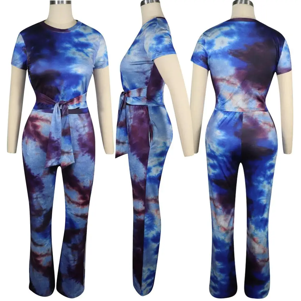 

Echoine Summer Casual Tie Dyed Colorful Print O Neck Short Sleeve Tie Up Short Top Long Pants 2 Pieces Sets Tracksuit Outfits