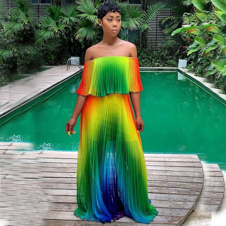 Женское платье с открытыми плечами радужного цвета элегантное шифоновое летнее