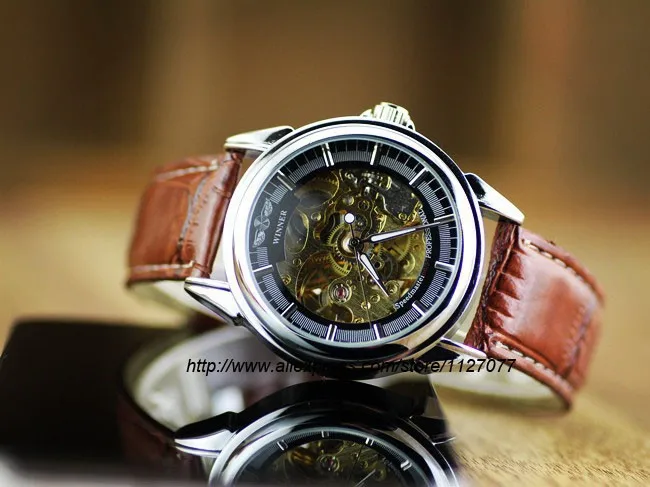 Мужские автоматические механические часы Winner коричневые кожаные простые с