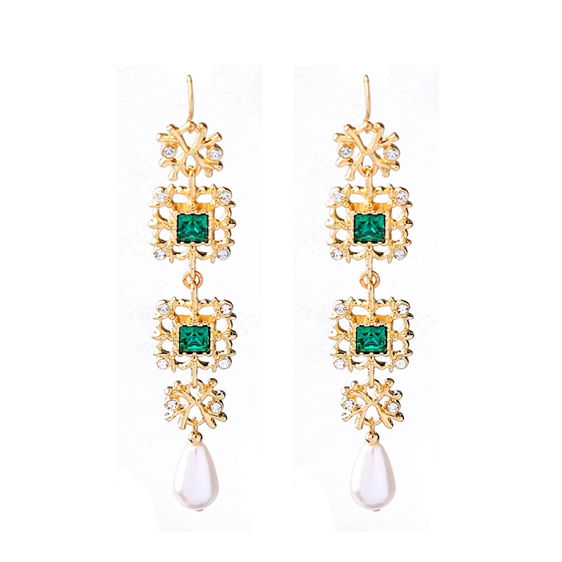 Long Style Simulated Pearl Drop Filigree Green Earrings 2018 Brincos Fashion Geometric Party for Women | Украшения и аксессуары