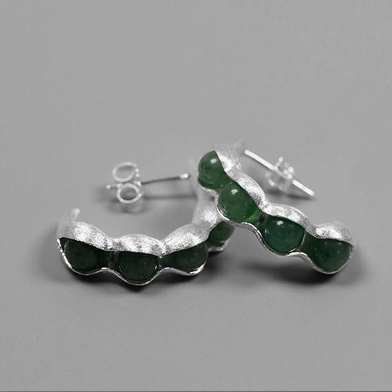 Lotus Fun Real 925 Sterling Silver Handmade Fine Jewelry Natural Green Stones Creative Pea Pods Design Dangle Earrings for Women | Украшения