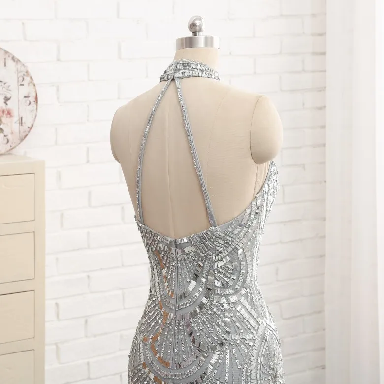 

New Elegant Long Gray Evening Dresses 2018 vestido de festa longo Beading Tulle Backless Prom Dress