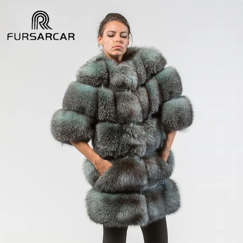 Женское пальто из натурального Лисьего меха FURSARCAR зимняя куртка с круглым