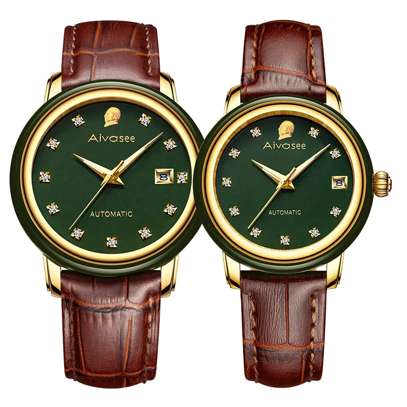 Couple watch Топ бренд изумрудные полые автоматические водонепроницаемые мужские каменные механические часы Пара часы Женские нефритовые часы Relogio Masculino - Цвет: Couple watch