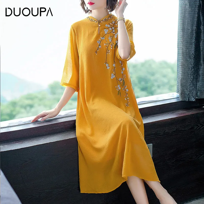 Летнее китайское традиционное платье Cheongsam в стиле ретро с вышивкой 2019 | Женская