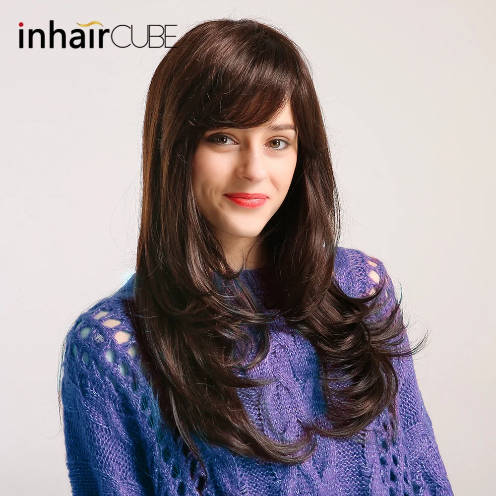 Inhair Cube 2" Смесь натуральных синтетических волос парик длинные тела волна черные парики с челкой для белых женщин Имитация топ парики