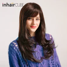Inhair Cube 2" Смесь натуральных синтетических волос парик длинные тела волна черные парики с челкой для белых женщин Имитация топ парики