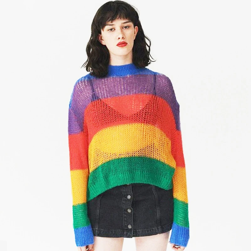 Autumn Winter New Ladies Pullover Sweater Colourful Thin Knitted Tops Loose Short Woolen Sweaters Fashion Women Streetwear | Женская
