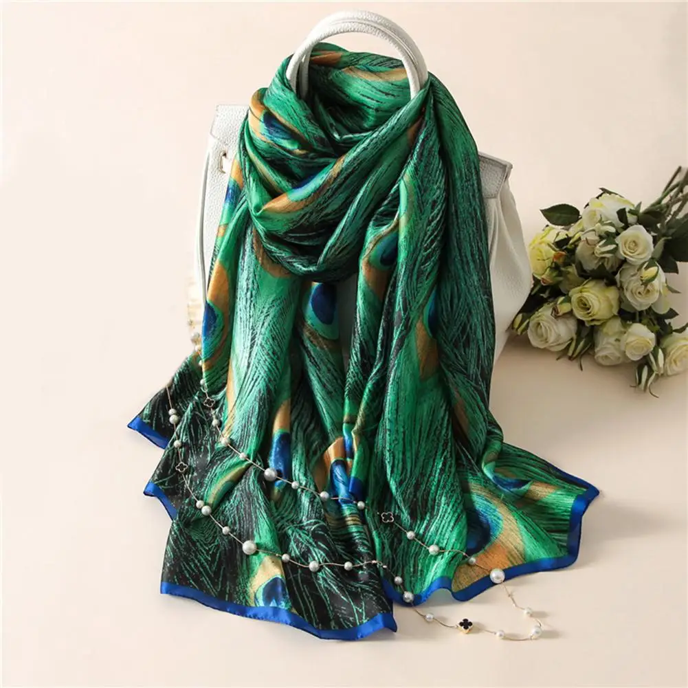 

New Vintage Chic Fashion Peacock Feather Scarves Women Silk Cover Up Scarf Beach Travel Shawl