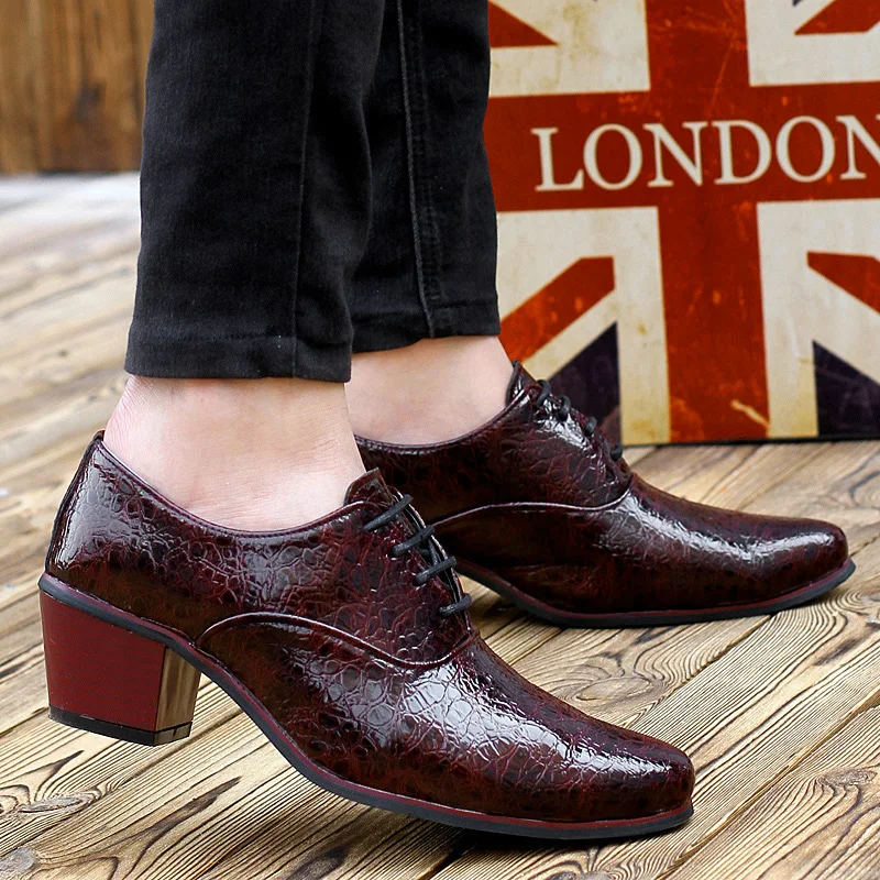 Man Shoes High Heels Spring Autumn Mens Pointed Toe Dark Blue Wine Red Dress Footwear Lace Up Wedding For Men | Обувь