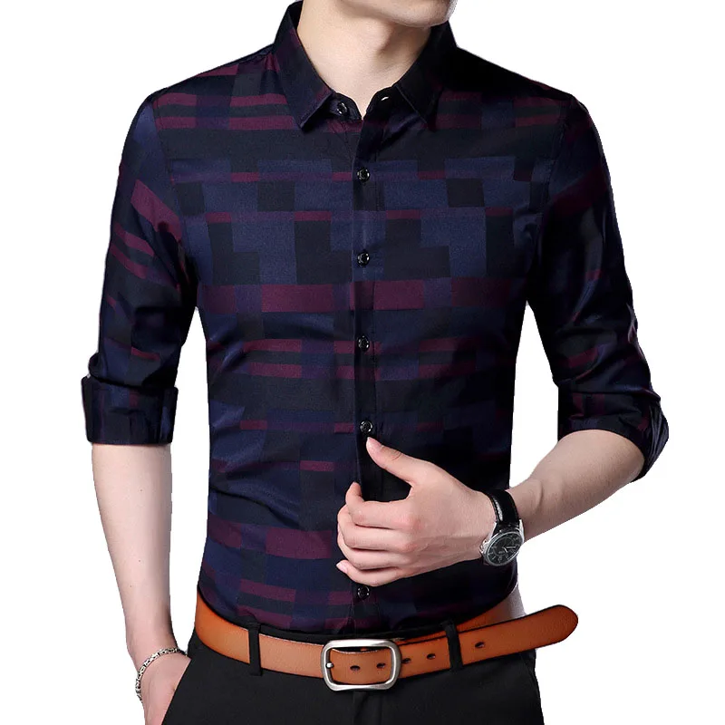 Fashion Brand Shirt For Men Button Up Plaid Korean Slim Fit Streetwear Long Sleeve Checkered Dress Mens Clothing | Мужская одежда