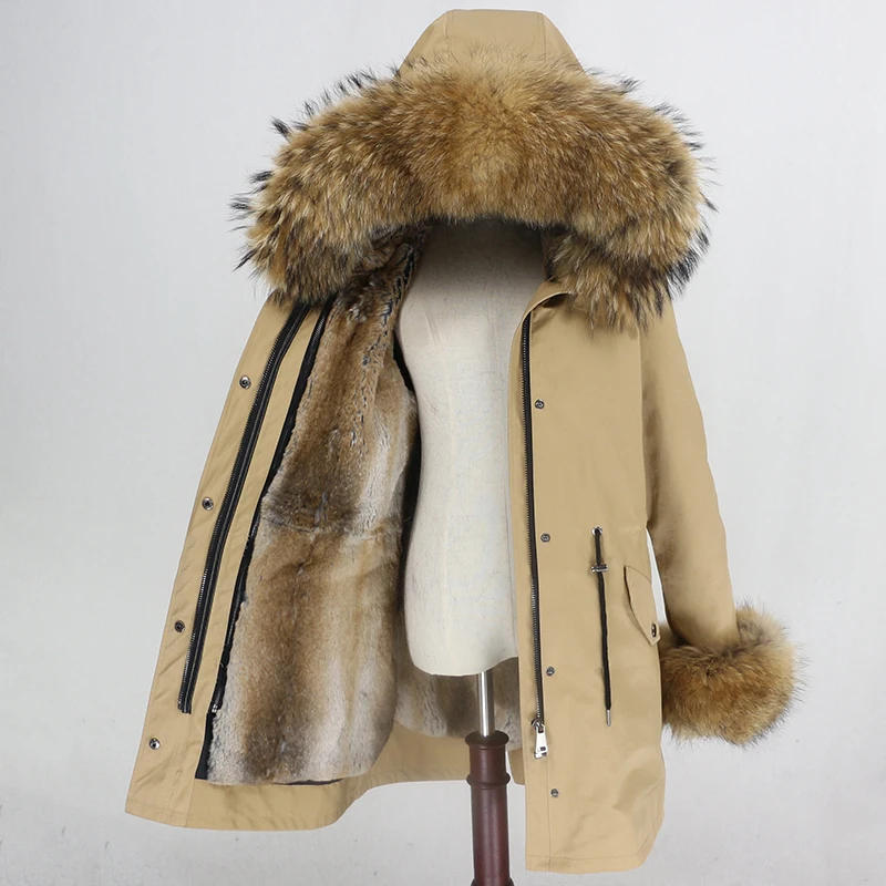 brown natural OFTBUY Long Waterproof Parka Real Fur Coat Natural Fur Collar Hood Winter Jacket Women Rabbit Fur Liner Thick Warm Detachable - Цвет: brown natural