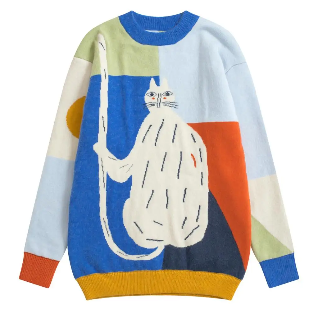 Winter Thicken Warm Original Design Women Pullover Sweater Funny Cats Color Block Stitch Ladies Loose Autumn Knitwear Jumper Top | Женская