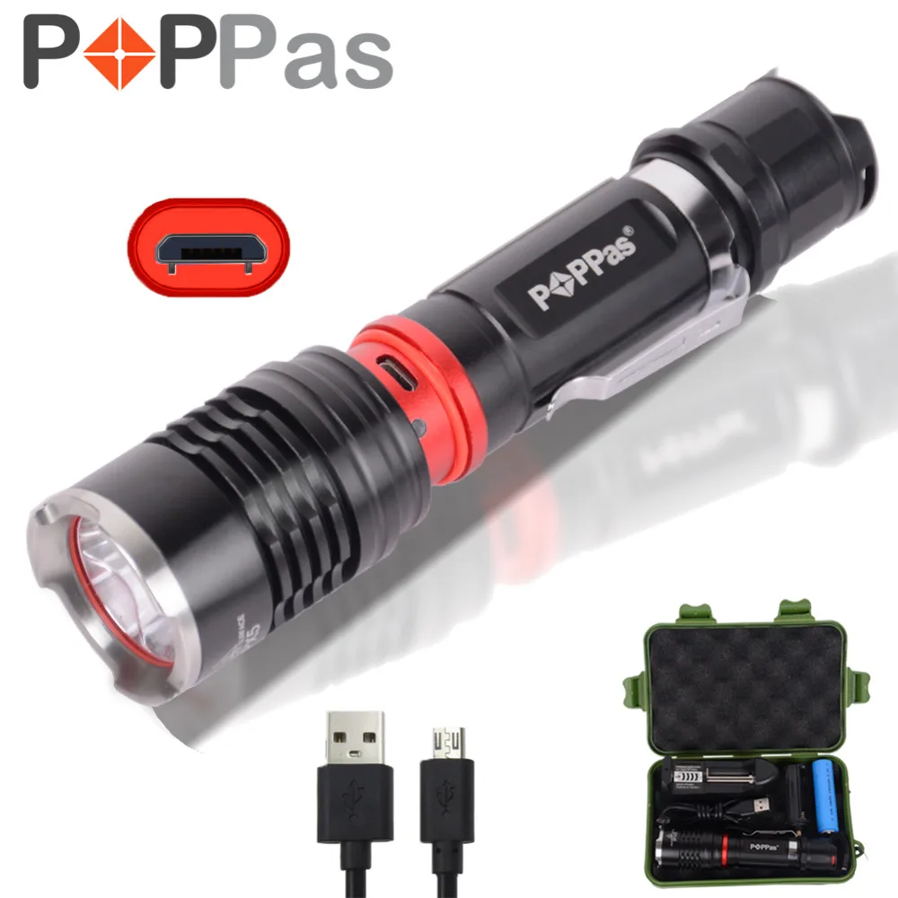 POPPAS XM L2 светодио дный фонарик супер яркий 5 режимов света Факел Micro USB 2 0 Интерфейс