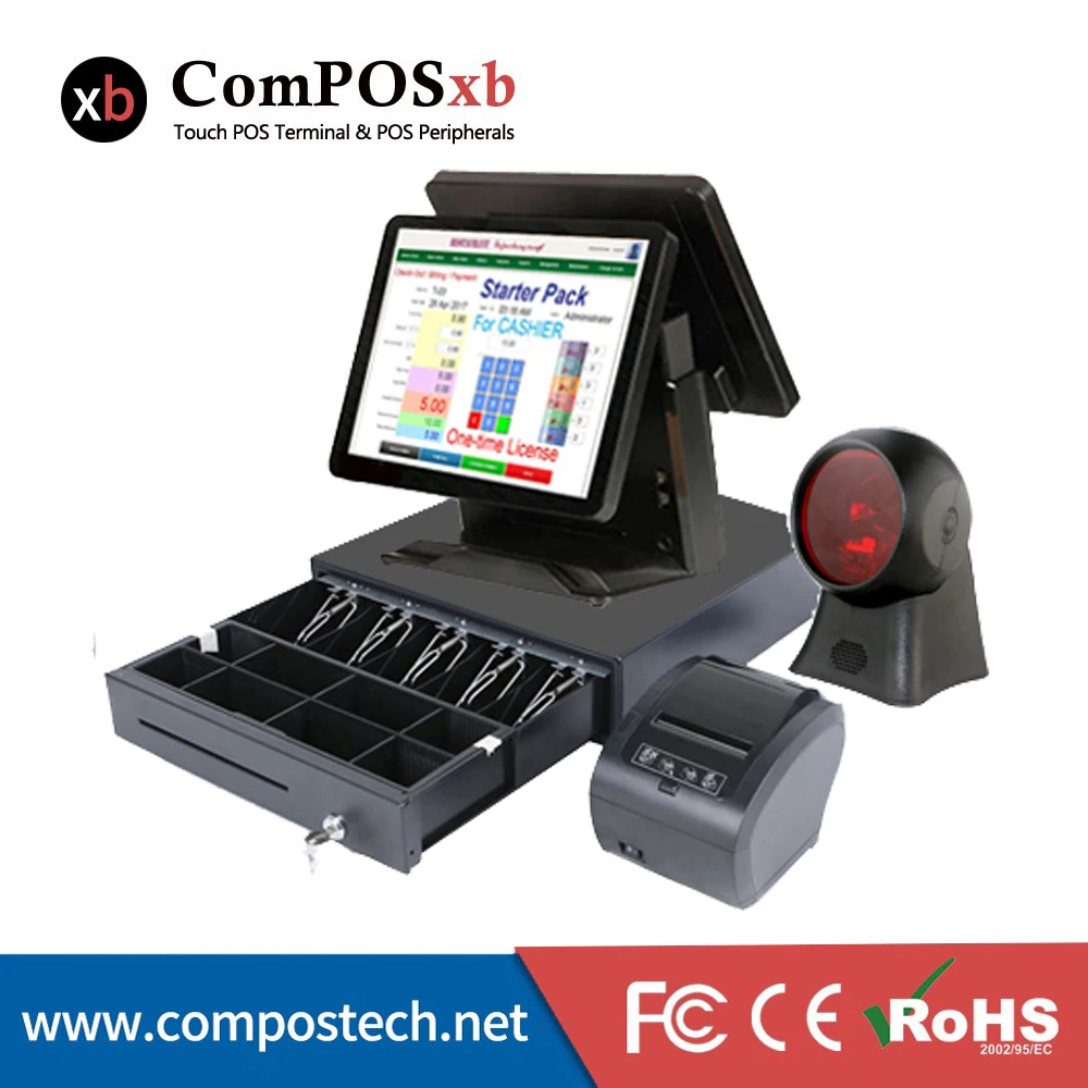 Недорогая POS система с двойным экраном ресторанная 15 дюймовая емкостная