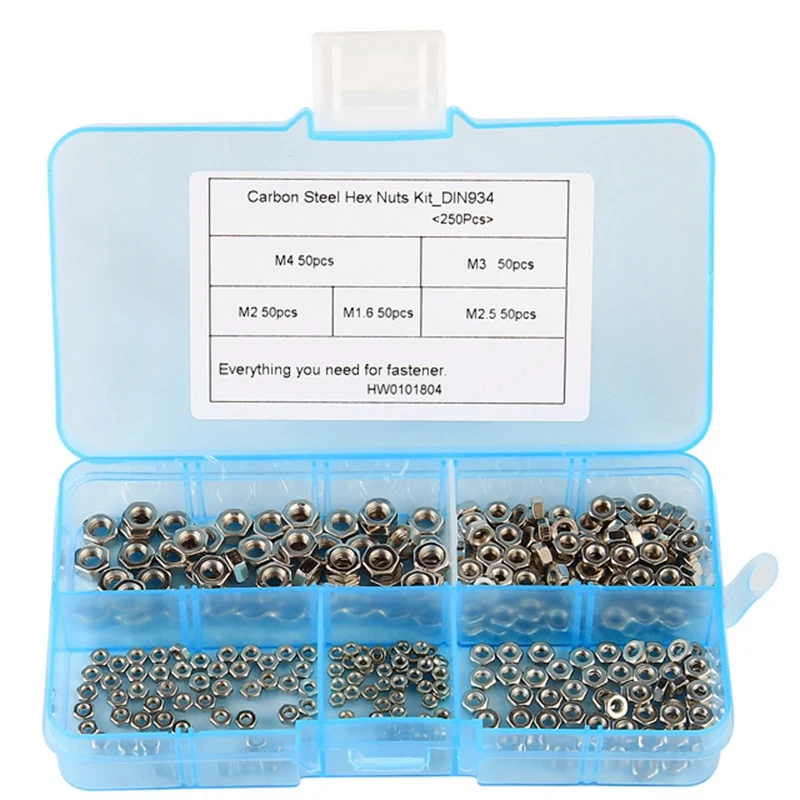 

250 Pcs/Set M1.6 M2 M2.5 M3 M4 Carbon Steel Hex Nut Assortment Kit Hexagon Nuts Metric Thread Assortment Kit
