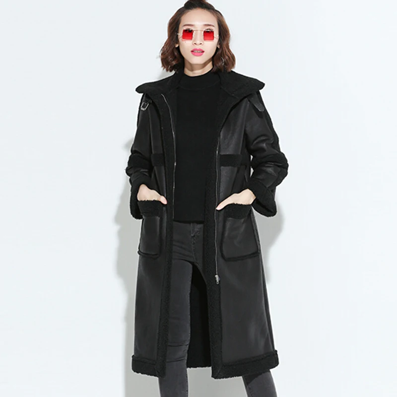 Зимняя теплая парка из искусственной кожи с мехом внутри 2019 Женская