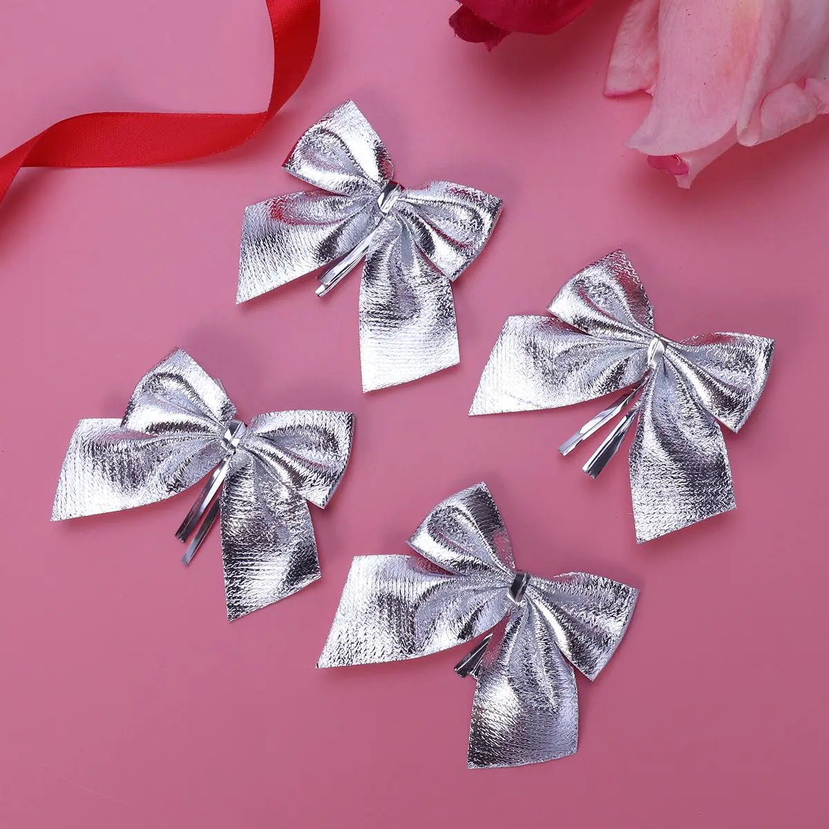 12pcs Glitter Bowknots Christmas Tree Ornaments Pendant Xmas Hanging Decor Adornments Holiday Home Party Supplies(Silver) A20