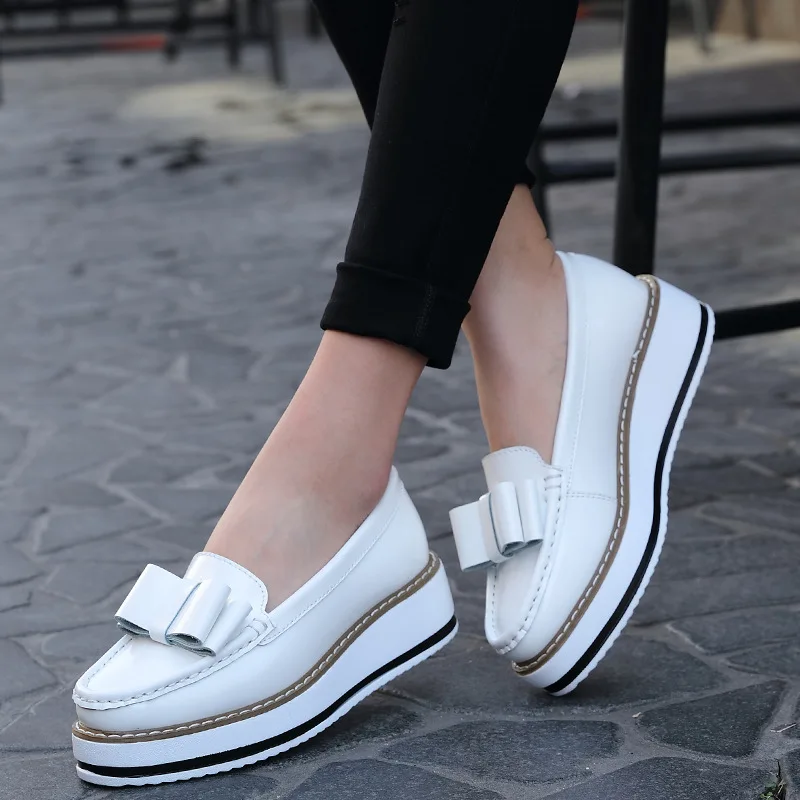 Bowtie Split Leather Oxfords Casual Flat Platform Loafers Brogue Shoes Woman Slip On Flats Vintage Women Creepers | Обувь