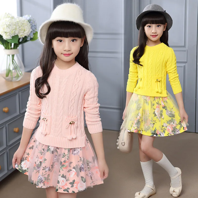2019 new Autumn girl Dress children clothing fashion patchwork kintted floral princess dress kids girls clothes age 3-15Y | Детская