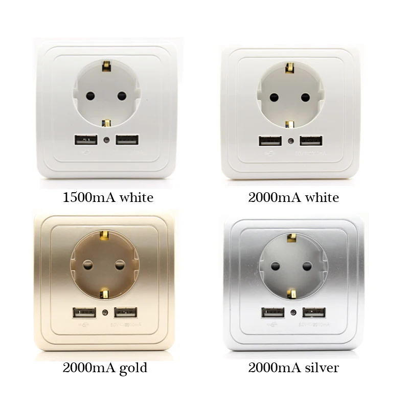 ЕС Стандартный 16A 250V Dual USB Автомобильное зарядное устройство Порты и разъёмы 2000mA