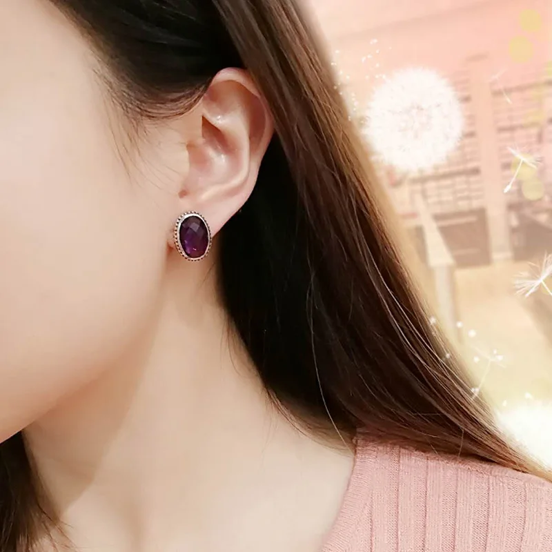 Серебряные серьги-клипсы 925 натуральный драгоценный камень аметист овальные Винтажные серьги для женщин лучшие подарки персонализированные ювелирные изделия Brincos