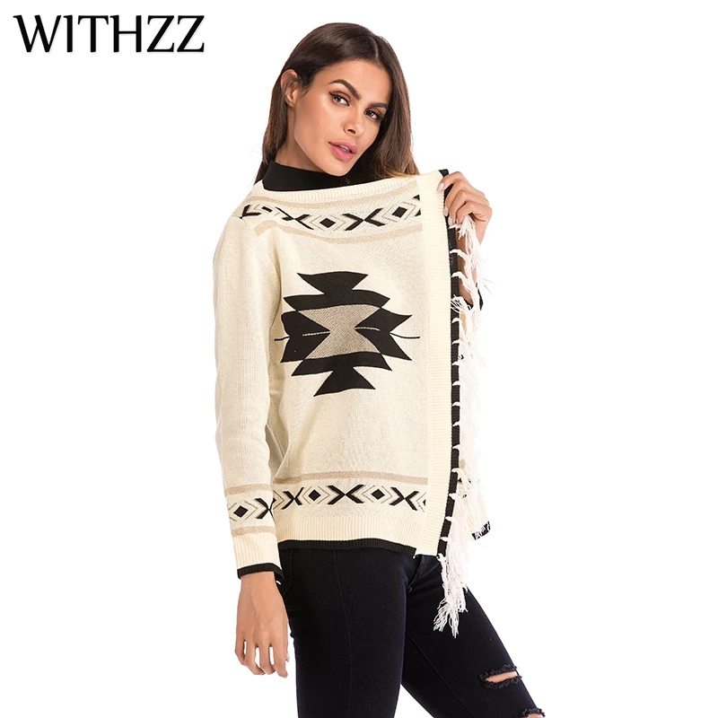 Женский трикотажный кардиган с геометрическим узором и кисточками WITHZZ осенне