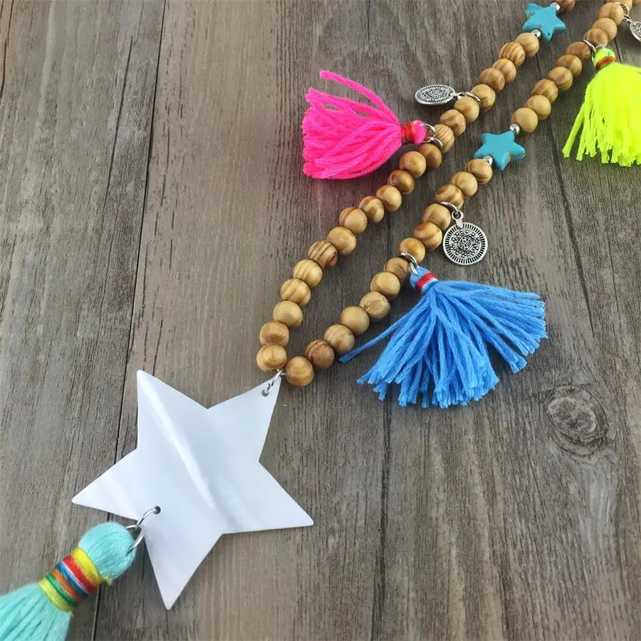 Подвески с подвеской пять звезд длинное ожерелье деревянной цепочкой из бисера и