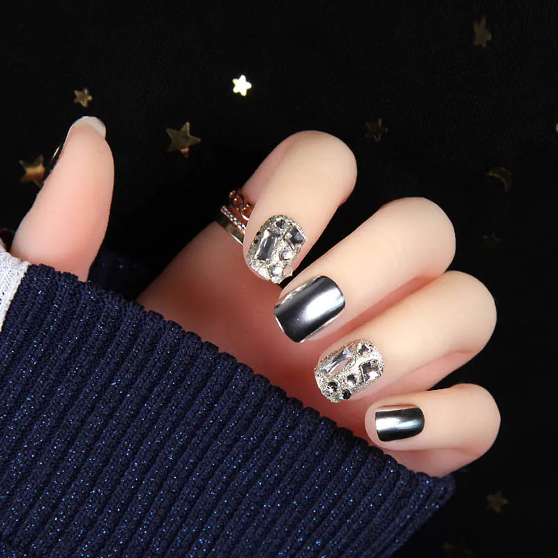 24 комплекта летняя темная система готовые поддельные ногти Модные металлические