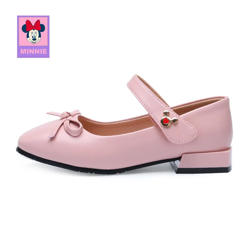 Pink Minnie Shoes Disney/детская кожаная обувь с бантом для девочек; весенние удобные тонкие туфли для детей; кожаные туфли принцессы; Размеры 26-37 - Цвет: Pink Minnie Shoes