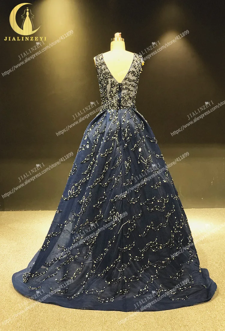 

JIALINZEYI Real Image Luxurious Navy Blue Sliver Beads Zuhair Murad sexy Formal Dresses Evening Dress 2021