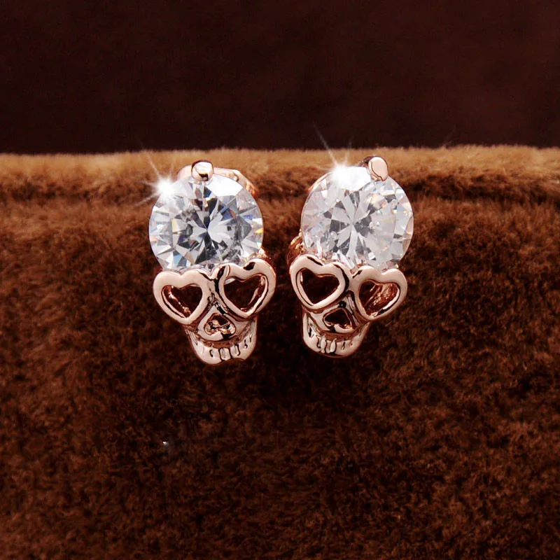 Женские серьги гвоздики с кристаллами розового золота|crystal stud earrings|stud earringsskull