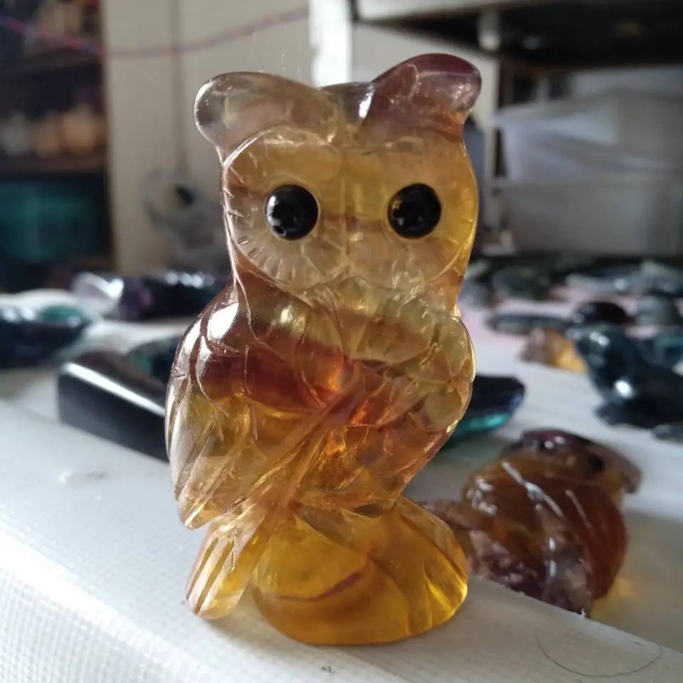 

BEST!!! NATURAL Bright-coloured FLUORITE crystal carving Owl healing Crystal animal