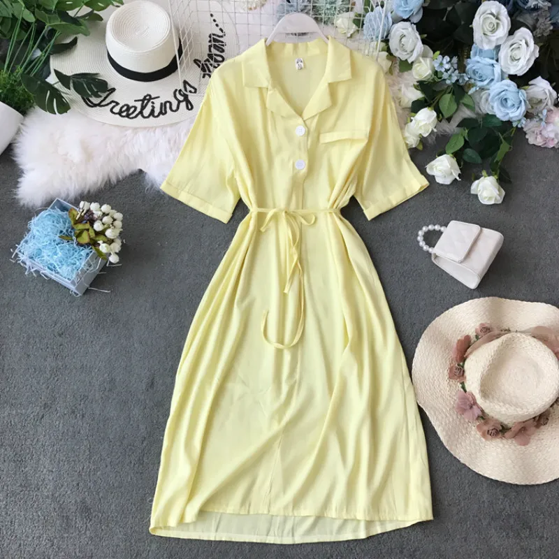 Женское Элегантное летнее платье с поясом корейское повседневное длинное