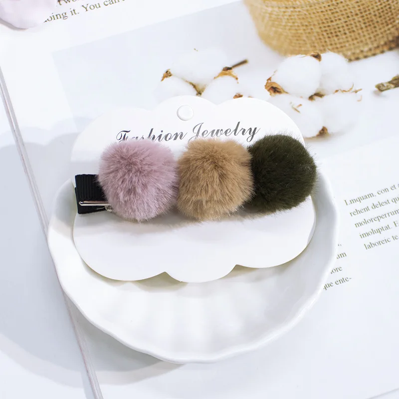 2 pink brown green Заколки для девочек с маленьким милым мягким меховым помпоном, мини-шариковый захват, заколки для волос с помпонами, детские заколки для волос, аксессуары для волос - Цвет: 2 pink brown green