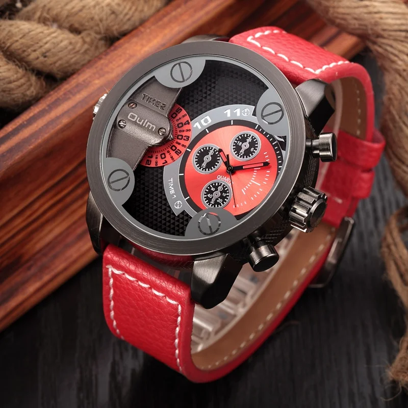 Роскошные Брендовые мужские часы Oulm большие спортивные наручные с кожаным