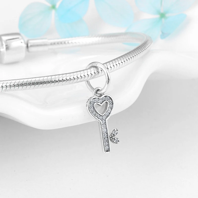 High quality charms 925 Sterling Silver fashion heart key CZ Pendants Fit Original Pandora Charm Bracelet Jewelry making | Украшения и