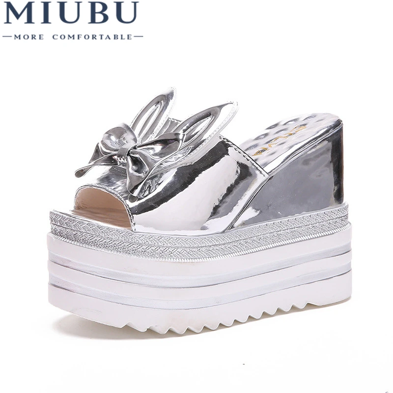 MMIUBU/женские шлепанцы Женские кожаные на высоком каблуке и платформе с бантом