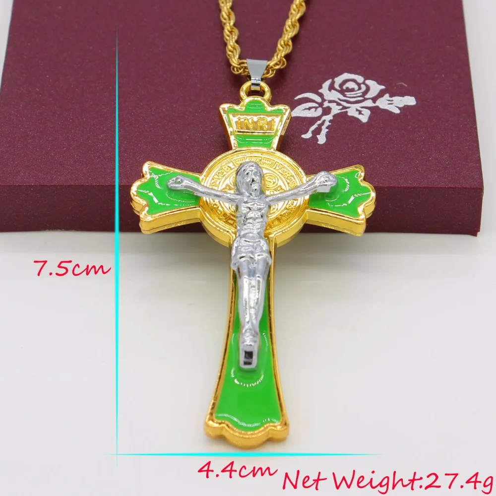 Adixyn INRI зеленый камень крест ожерелья для верующих (с изображением Иисуса) Женские