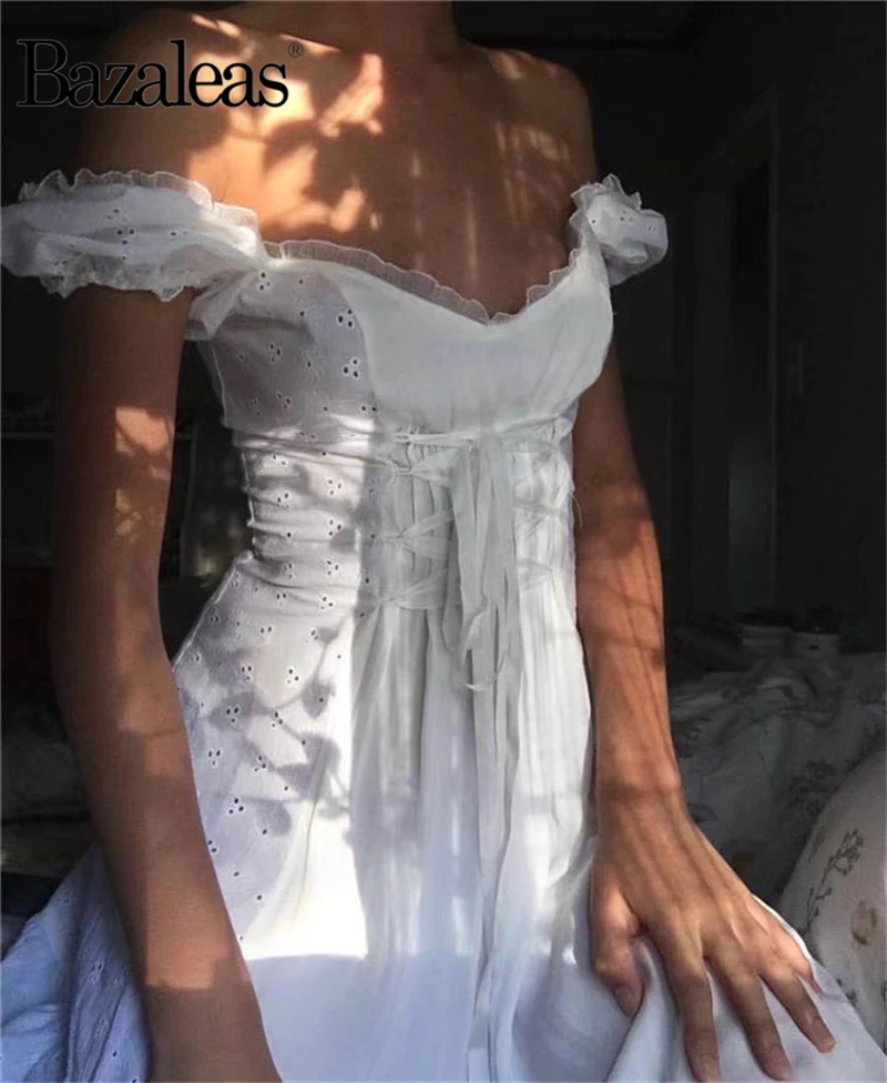 Bazaleas 2018 винтажное белое Бандажное кружевное платье с поясом на шнуровке vestidos