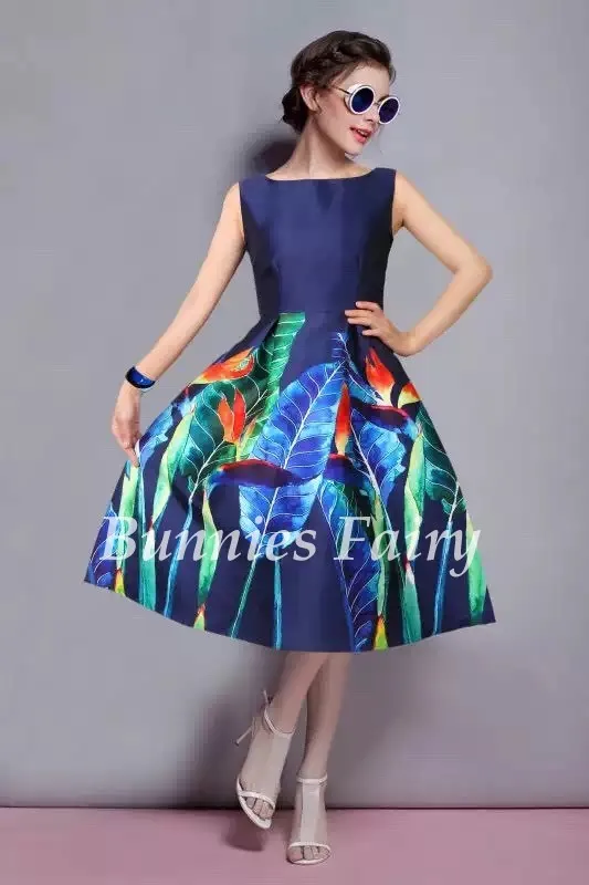 BunniesFairy, Новинка осени, женское винтажное платье в стиле знаменитостей, Ретро стиль, листья, цветы, цветочный принт, высокая талия, вечерние платья-майки