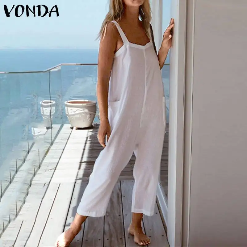 Женские повседневные хлопковые комбинезоны VONDA белые однотонные Свободные