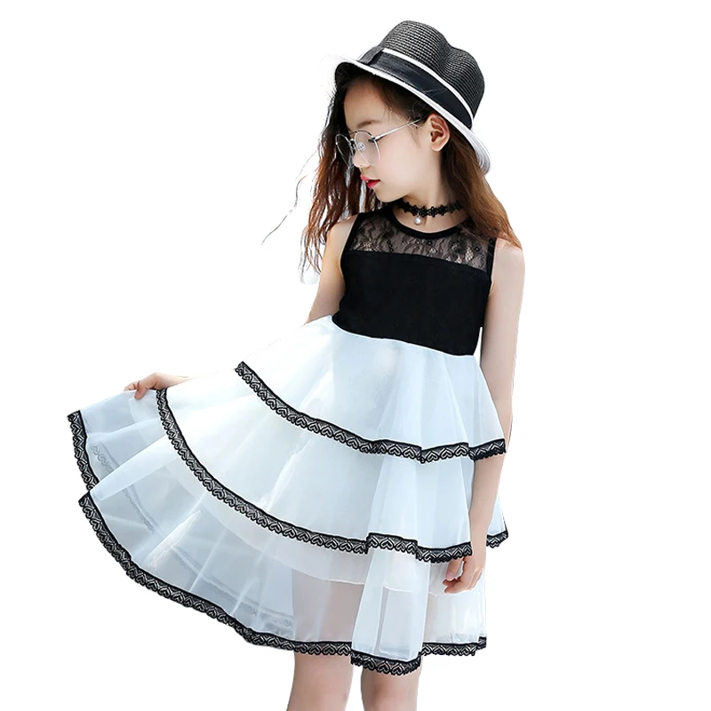 summer lace chiffon dress for 3 - 12 yrs baby girls kids children black white Layered cupcake dresses little beach clothes | Детская