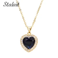 romantic gold color blue heart pendant necklace crystal heart charm necklace jewelry for woman love gift