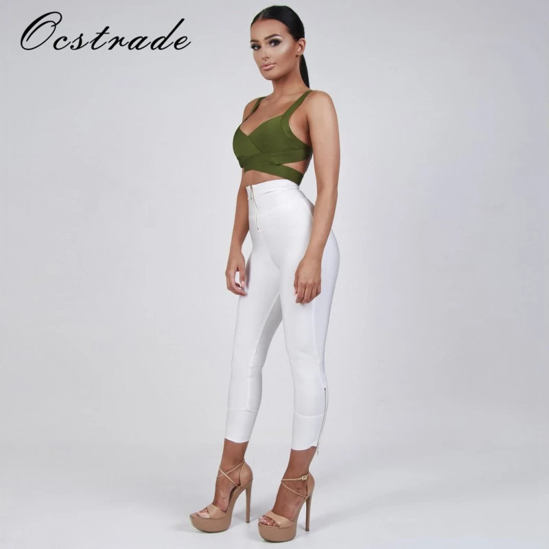 Ocstrade женские брюки Лето 2017 новые модные белые бандажные штаны леггинсы на молнии