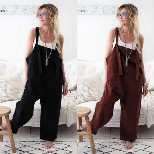 

2019 New Brand Women Casual Loose Cotton Linen Solid Pockets Jumpsuit Overalls Wide Leg Cropped Pants macacao feminino Romper