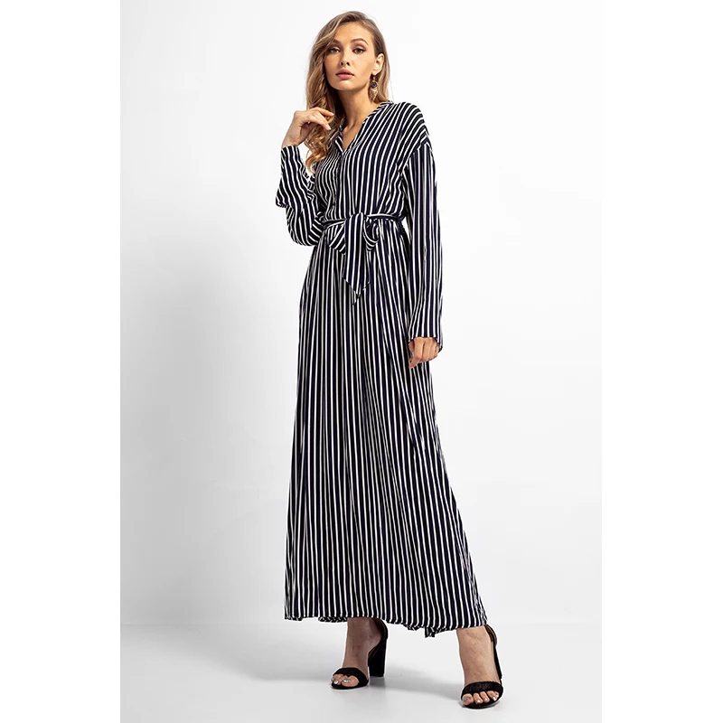 Женское платье-рубашка Abaya длинное платье в полоску с длинным рукавом для