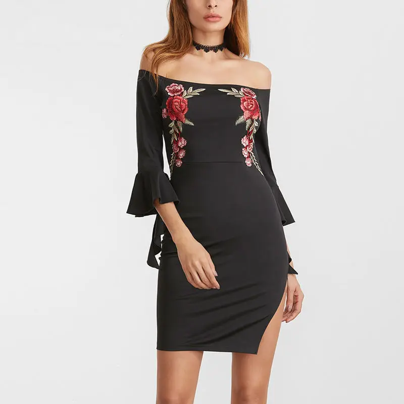 2018 New Pattern Knitting Embroidered Sexy One Shoulder Dress | Женская одежда