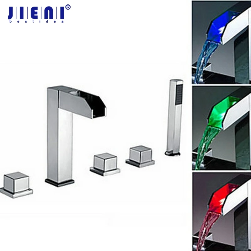 

JIENI Chrome Brass Waterfall Bathtub Faucet Deck Mounted LED Shower Set 5 Holes Faucets Mixer & Tap LED Mixer Bathtub Faucet Set