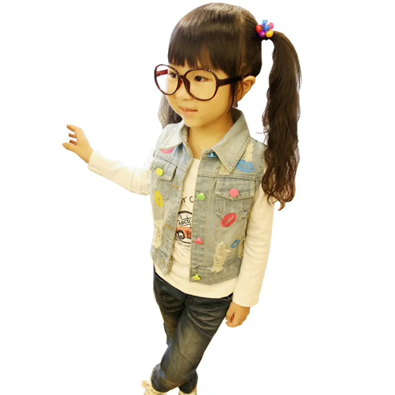 Модный детский весенний джинсовый жилет 2017 ковбойский для девочек голубой Kiss Mouth